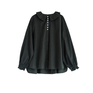 古苔「格子间里的春天」 绿色格子衬衫 日系荷叶领电影感上衣早春