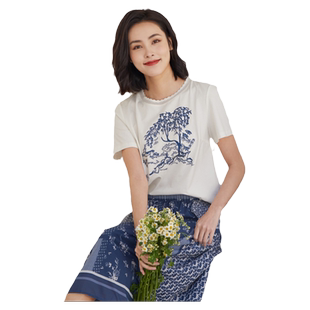 短袖t恤女夏葵牌新款中年妈妈装波浪领T恤复古印花上衣显年轻