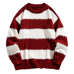 班尼路SK红色条纹毛衣男春秋新款马年本命年宽松复古针织衫上衣YS