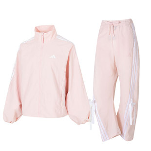 阿迪达斯粉色套装女2025新款运动服蝴蝶结夹克外套宽松直筒长裤