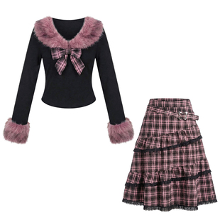 织物猪 莓果丝绒 甜酷风黑粉色格纹半身裙套装女冬毛领上衣两件套