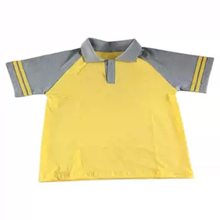 定做醴陵市中小学生新款黄色短袖拼接浅灰色翻领校服班服休闲大码