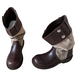 LABERTHREE 千语专属 率性酷感复古拼接骑士靴一脚蹬时尚中筒靴