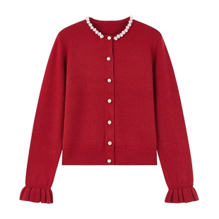 秋水伊人经典珍珠串饰圆领针织开衫2025年冬季新款女红色短款上衣