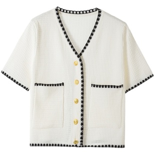 2026夏季新款V领短袖女名媛气质短款针织开衫薄款外套编织上衣