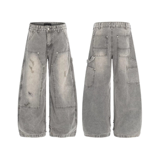 美式复古水洗做旧牛仔裤男女春秋季新款宽松阔腿工装裤高街长裤潮