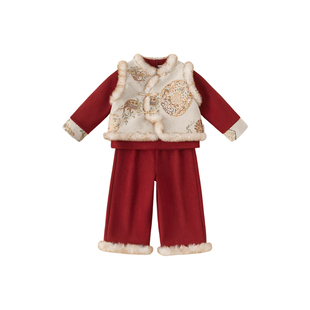 INSbobo童装儿童套装红色拜年服女童国风马甲t恤裤子男童过年衣服