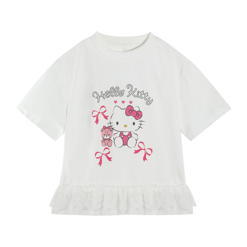 女童蕾丝拼接短袖T恤2026新款小女孩上衣HelloKitty凯蒂猫儿童装
