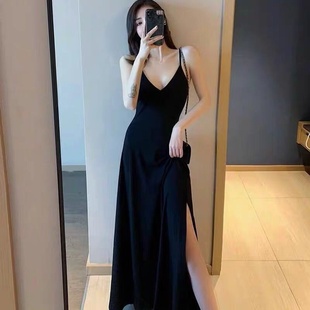 高个子脚踝A字长裙春季 吊带裙女胖mm妹妹遮肚显瘦连衣裙黑 V领大码