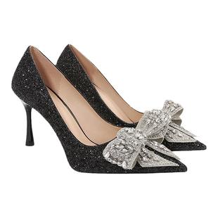 黑色亮片高跟鞋水钻蝴蝶结婚鞋女单鞋职业工作鞋银色新娘伴娘鞋