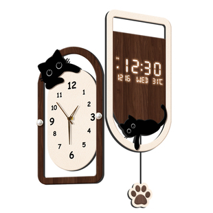 中古风客厅转角挂钟2026新款挂墙创意时钟拐角双面猫咪电子钟表