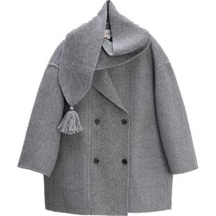 【新品】素然 WHM 25冬女士斜纹羊毛双面呢保暖围巾领阔系短大衣