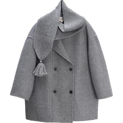 WHM斜纹羊毛双面呢围巾领短大衣