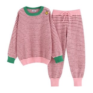 条纹笑脸软绵绵睡衣女冬季加厚毛绒绒套装珊瑚绒保暖可外穿家居服