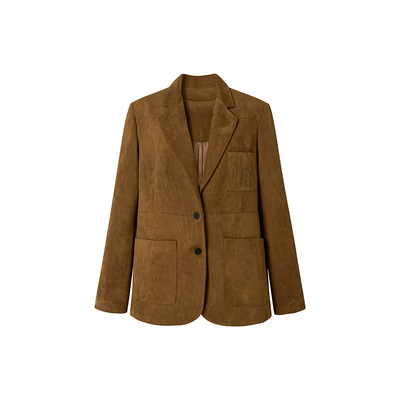 【松栗奶芙】Uena美式复古卡其色仿麂皮绒贴布绣多口袋西装外套