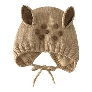 婴儿帽子秋冬季棉布内里小鹿系带护耳帽3-6个月婴幼儿宝宝保暖帽8