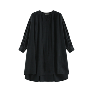 反季福利【豆蔻】松弛感立体抽褶显瘦v领中长款衬衫连衣裙-NJ2502