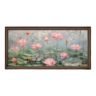美式客厅装饰画沙发背景墙挂画复古花卉手绘油画荷花欧式大气壁画