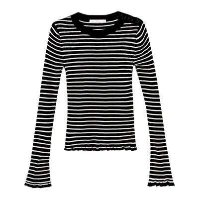 水云间撞色条纹喇叭袖针织衫女秋冬新款2025羊毛保暖长袖内搭上衣