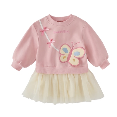 [7A抑菌]女童春秋连衣裙儿童秋季蝴蝶卫衣裙小童纱裙甜美宝宝裙子