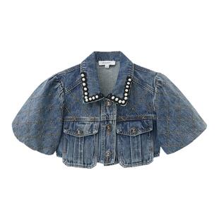 我爱露露LULUALWAYS秋季新款时尚翻领短款蓝色牛仔外套