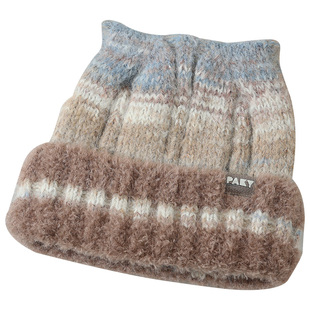 条纹双角粗毛线帽子女秋冬加绒加厚保暖护耳防寒帽可爱显脸小冷帽