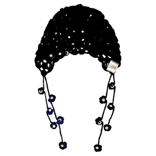 原创100%山羊绒手工14K包金锆石镂空流苏护耳帽针织钩花包头帽