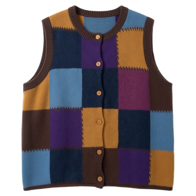 紫色日系复古格纹针织马甲背心女