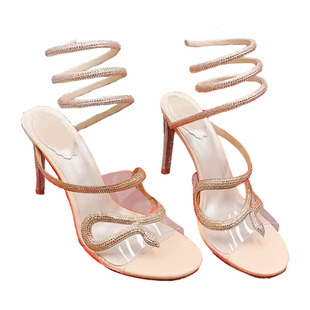 2025年新款网红法式蛇形缠绕水钻透明高跟鞋细跟仙女风凉鞋女夏季