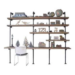 loft复古铁艺水管做旧实木书桌书架简约电脑桌置物展示架创意墙上