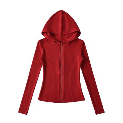 红色修身连帽拉链外套女长袖显瘦短款外套秋冬新款双面绒开衫上衣
