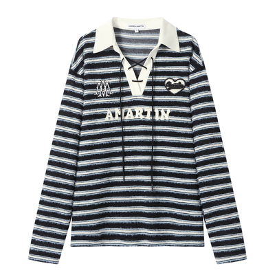 ANDREA MARTIN2026春季新款条纹POLO领刺绣标系带长袖宽松休闲T恤