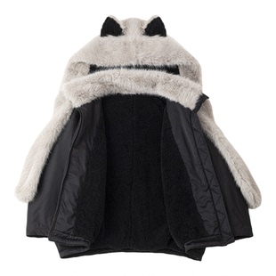 KEIKO [羊羔毛内里] 毛绒拼接可卸连帽棉服棉袄冬季加厚毛毛外套