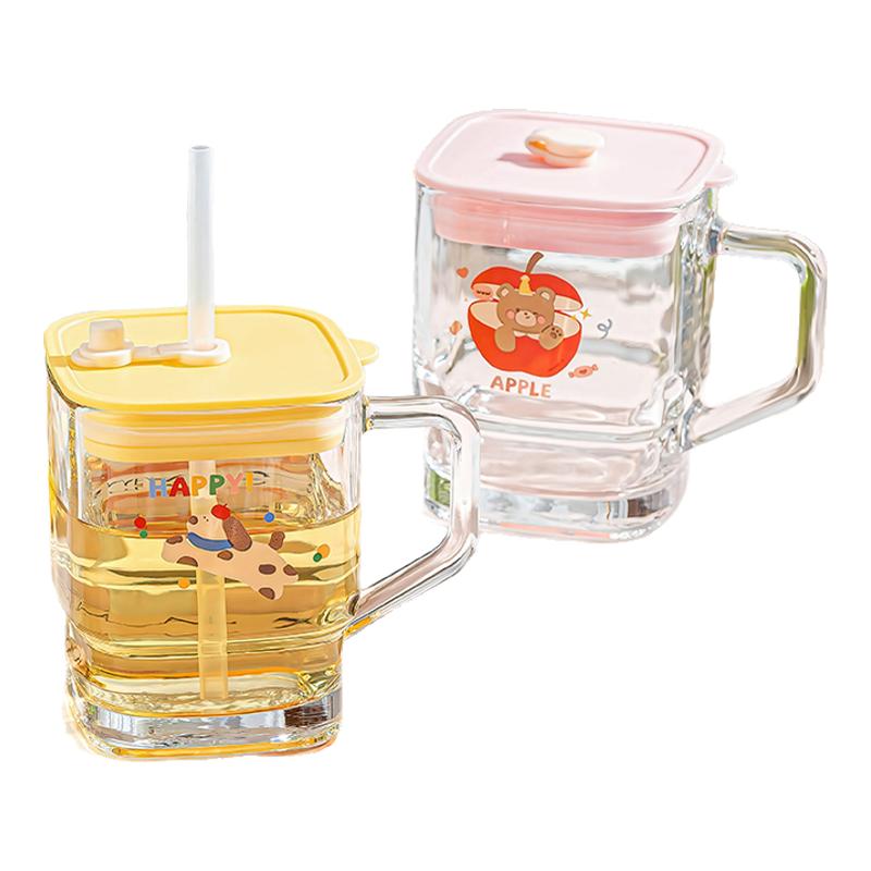 乐唯诗吸管杯玻璃带盖水杯女生高颜值新款可爱卡通儿童杯子