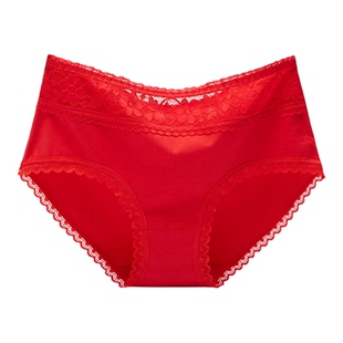 2-4条装本命年大红色女士内裤女纯棉无痕中腰高腰蕾丝蛇马三角裤