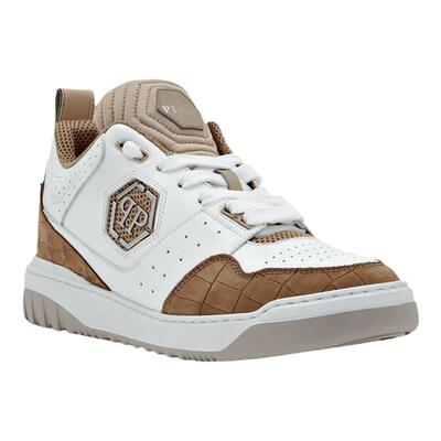 PhilippPlein男鞋米色和白色牛皮鞋面透气低帮系带休闲运动鞋