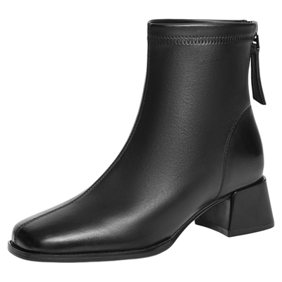 红蜻蜓粗跟女靴黑色瘦瘦弹力靴