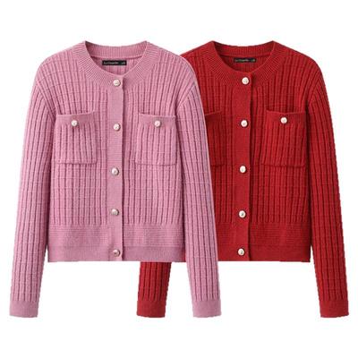 拉夏贝尔/La Chapelle小香风红色毛衣女春季新款宽松慵懒针织开衫