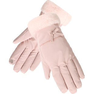 畹町保暖手套女秋冬开车骑行毛边羽绒布蝴蝶结可触屏加绒五指手套