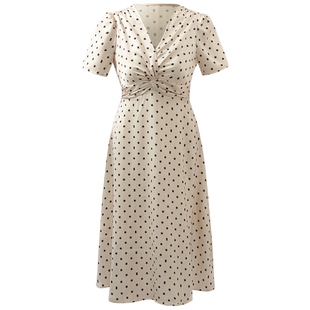 歌莉娅白色复古短袖连衣裙夏装女缎面冰丝法式波点气质V领长裙子