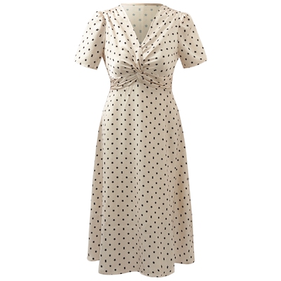 歌莉娅白色复古短袖连衣裙夏装女缎面冰丝法式波点气质V领长裙子