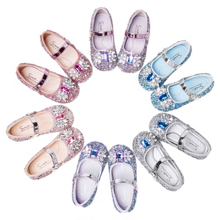 斯纳菲女童公主水晶鞋春秋宝宝漂亮爱莎高跟鞋透气配裙子软底鞋子