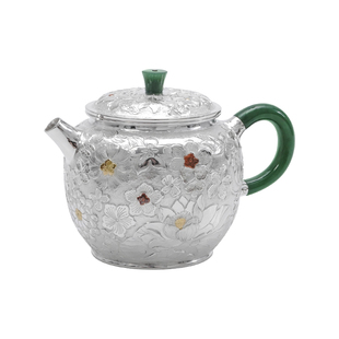 纯银999纯手工一张打银壶錾花饰金翡翠玉把泡茶壶家用茶具 繁玉