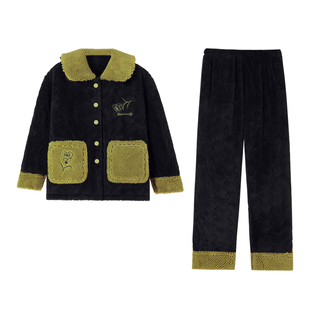 可人儿睡衣女冬季三层夹棉加厚保暖珊瑚绒韩版开衫棉袄家居服套装