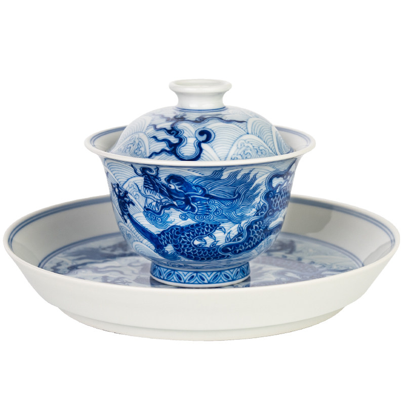 圣山仿明青花海水龙腾跃海陶瓷茶具盖碗景德镇仿古青花陶瓷茶具
