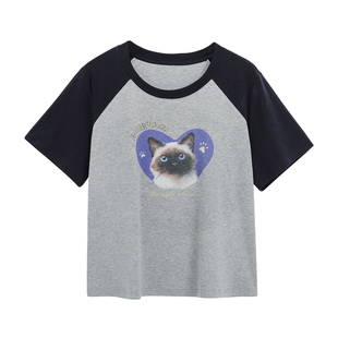 夏季新款2026遮肉显瘦上衣大码女装胖mm撞色拼接卡通印花短袖t恤