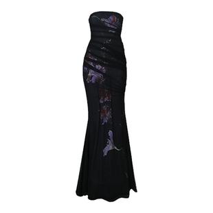 坏品味西部 新中式夏季印花修身网纱长款抹胸连衣裙