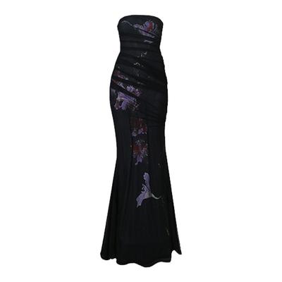 新中式印花网纱长款抹胸连衣裙