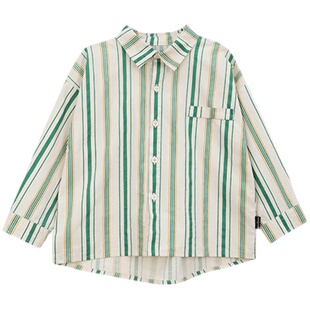 儿童绿白条纹衬衫春秋 男女童韩系宽松上衣 复古休闲百搭衬衣