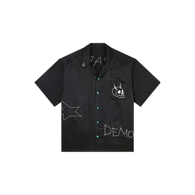 RESERFF 恶星魔女 醋酸绣花纽扣宽短廓形美式街头短袖衬衫上衣潮